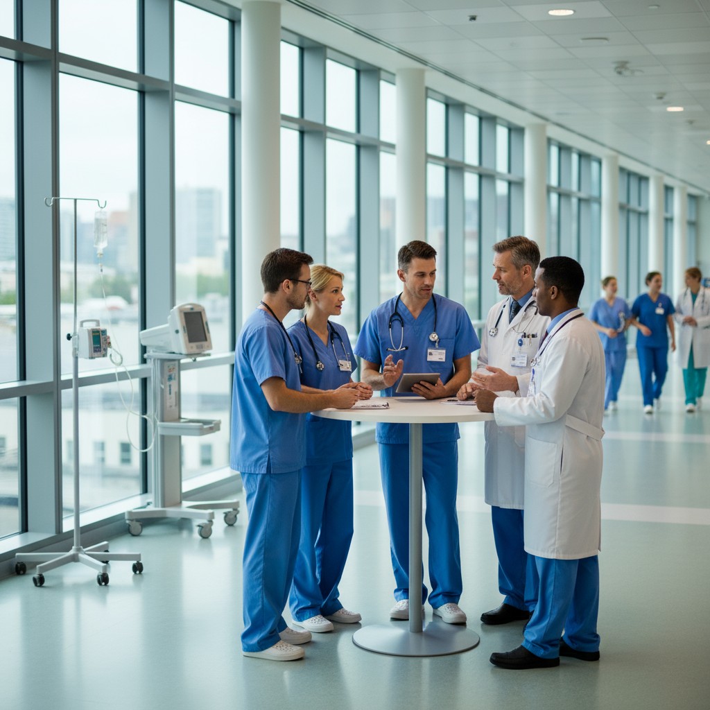 A group of medical professionals, likely doctors and nurses, engaged in a discussion.